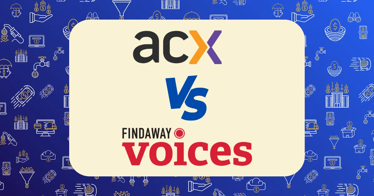 A graphic illustrates ACX vs Findaway Voices, displaying their logos with "vs" between them on a light background. The border showcases a blue pattern filled with diverse audio and technology-related icons.