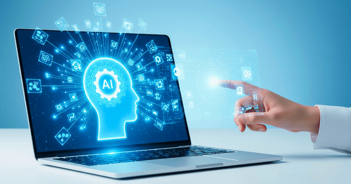 A hand points at a laptop displaying a glowing digital image of a human head with “AI” inside, surrounded by icons representing AI-assisted business models and technology on a blue background.