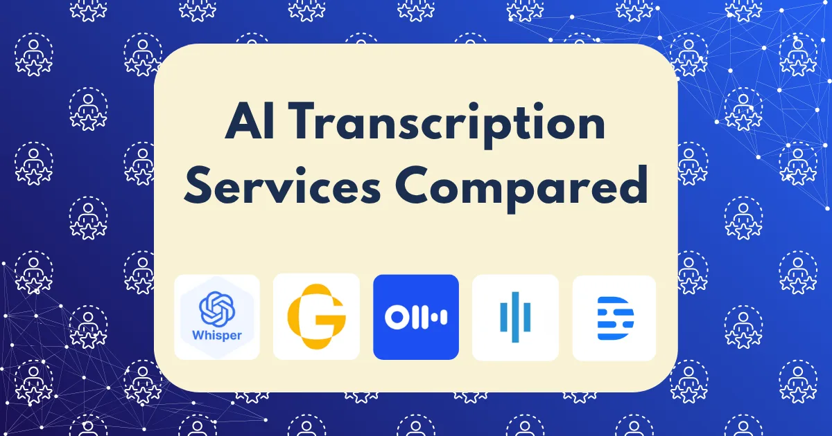A graphic with the title AI Transcription Services Compared highlights five AI transcription services logos—Whisper, a yellow G, Otter.ai, a blue waveform, and Descript—set on a beige background with a blue patterned border.