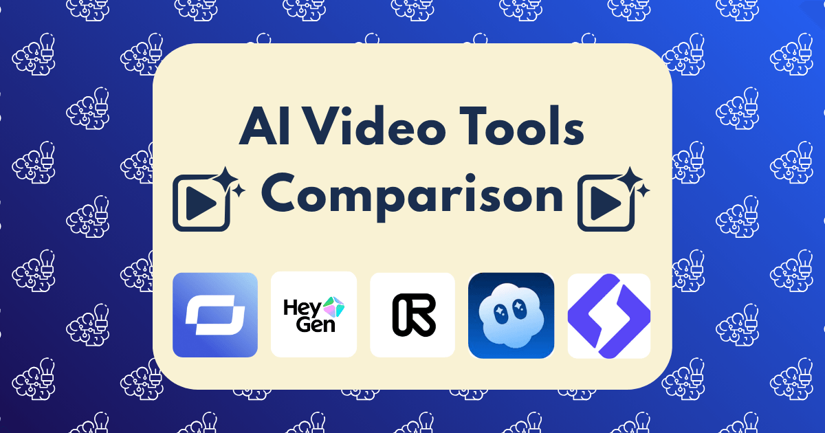 A graphic titled AI Video Tools Comparison features icons for five top AI video tools on a blue background with small cartoon faces. Two play button icons frame the title, highlighting this detailed AI video tools comparison.