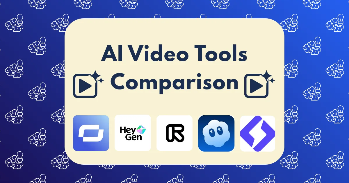 A graphic titled AI Video Tools Comparison features icons for five top AI video tools on a blue background with small cartoon faces. Two play button icons frame the title, highlighting this detailed AI video tools comparison.