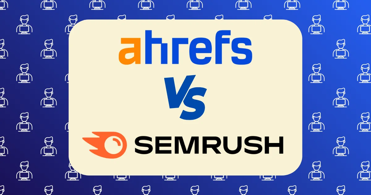 A comparison graphic featuring the Ahrefs vs SEMrush logos, set against a light background. The outer blue background has a repeating pattern of stylized icons of people at computers.