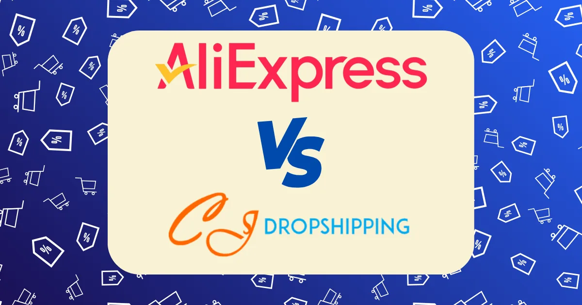 AliExpress vs CJDropshipping logos on a cream background, framed by a blue border decorated with small shopping icons.