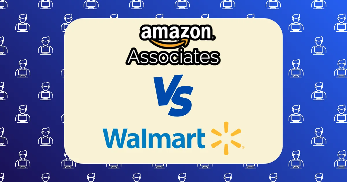 A graphic with the Amazon Associates vs Walmart Affiliate logo above "VS" in the center, and the Walmart logo below, set against a cream background. The outer blue area features repeated white icons of a person using a laptop.
