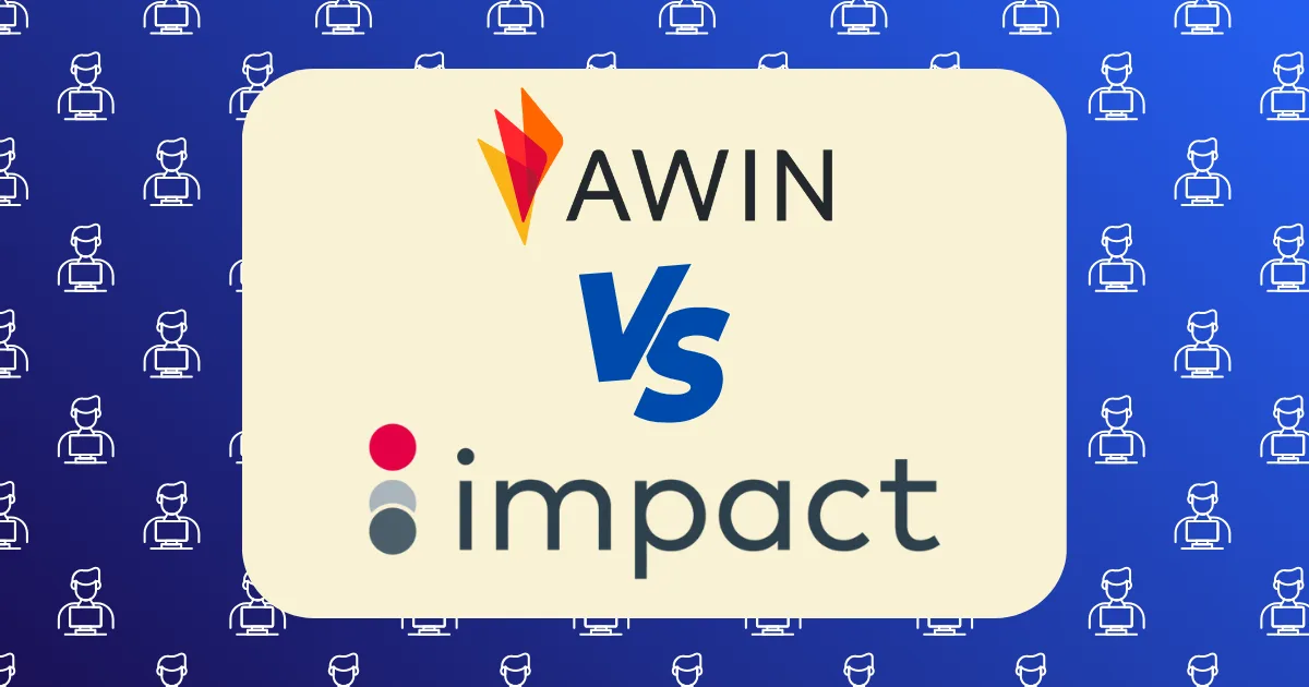 A graphic illustrating Awin vs Impact, with the AWIN logo above "VS" and the Impact logo below, set on a cream background framed by a blue border with outlined icons of people using laptops.