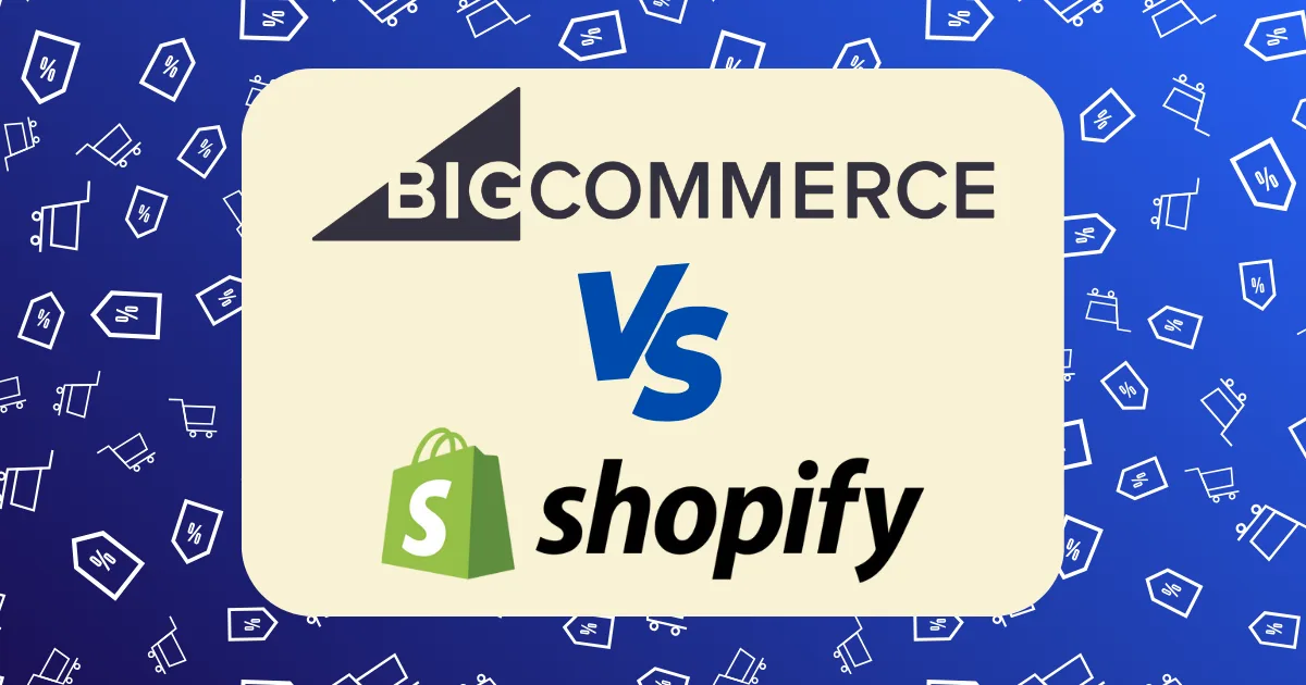 A graphic illustrating BigCommerce vs Shopify, featuring both logos separated by a bold VS on a beige rectangle, set against a blue background decorated with shopping icons.
