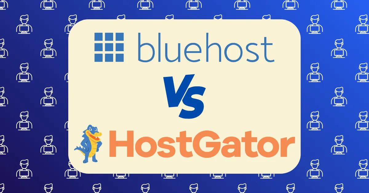 A graphic comparing Bluehost vs HostGator affiliate programs. The Bluehost logo and name appear at the top, VS is in the center, and the HostGator logo with a cartoon alligator is at the bottom, on a blue background with icons.
