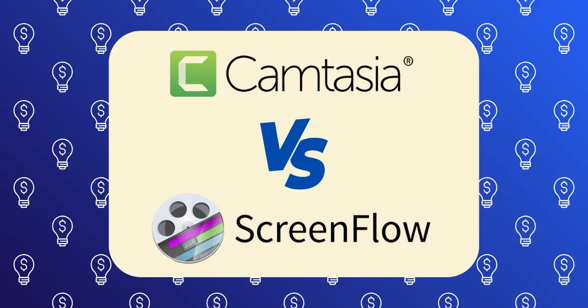 A graphic illustrating Camtasia vs ScreenFlow, featuring their logos and names separated by a bold VS on a cream background, all set against a blue backdrop accented with light bulb icons.