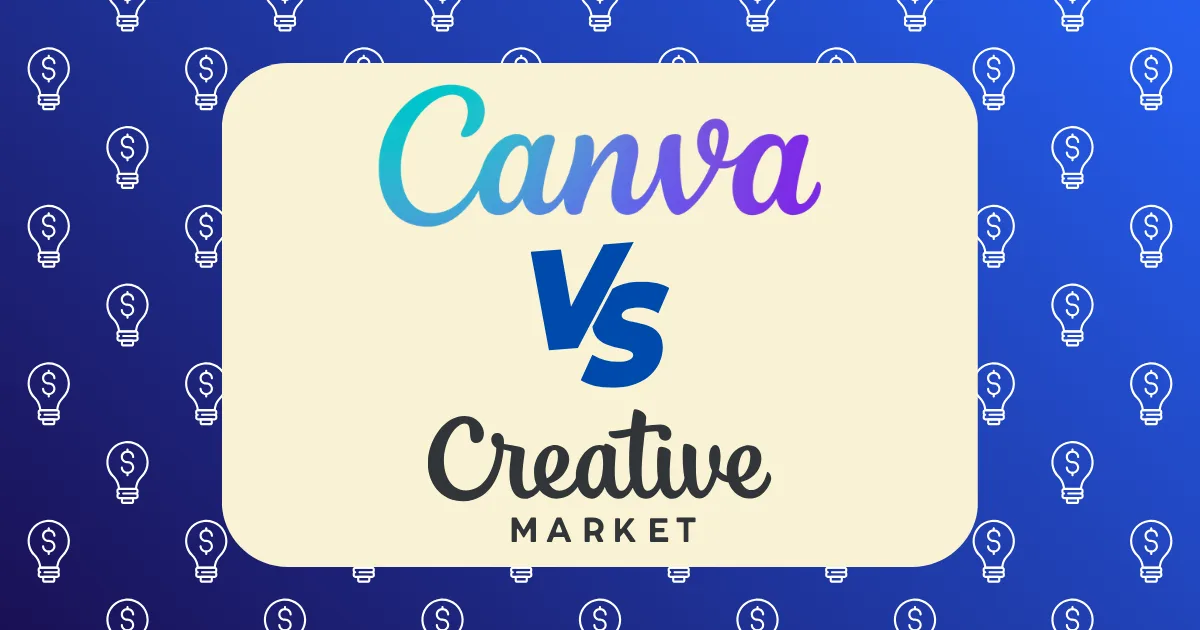 A graphic featuring “Canva vs Creative Market” in bold text on a cream rectangle, set against a blue background with a repeating light bulb pattern, visually highlights the comparison between Canva vs Creative Market.