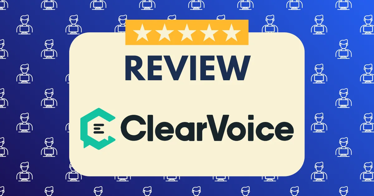 A graphic with a blue background patterned with white icons of people. In the center, a large box displays five stars, the word REVIEW, and the ClearVoice logo and name, highlighting a standout ClearVoice review.