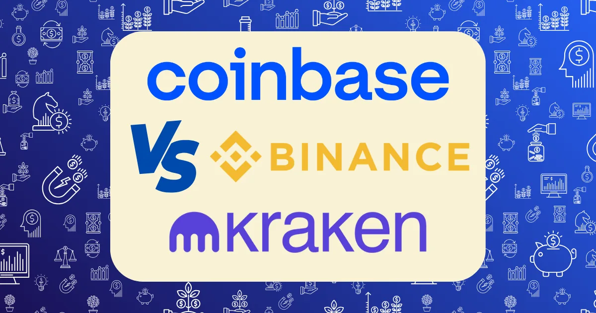 A graphic featuring “Coinbase vs Binance vs Kraken” in bold text, illustrating a comparison of top cryptocurrency exchanges, set against a blue background with financial icons.
