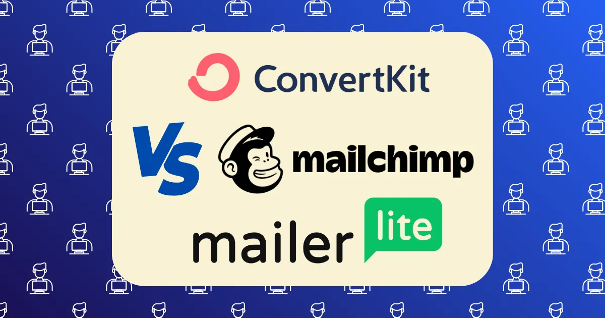 A graphic showing the logos of ConvertKit vs MailerLite vs MailChimp with VS between them, signifying a comparison. The background features a pattern of outlined people using laptops.