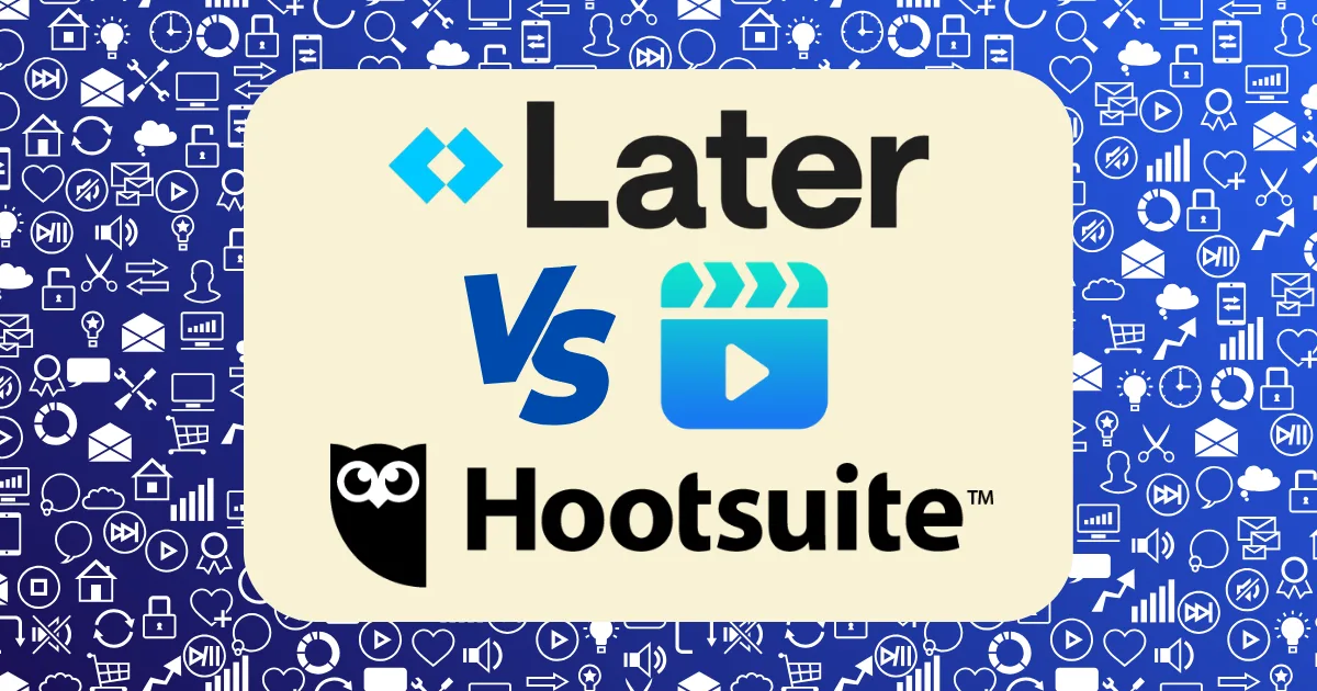 A graphic displays the logos and names of Later and Hootsuite with “vs” between them, highlighting a comparison against a backdrop of blue and white social media icons—perfect for those considering Facebook Creator Studio vs Later vs Hootsuite.