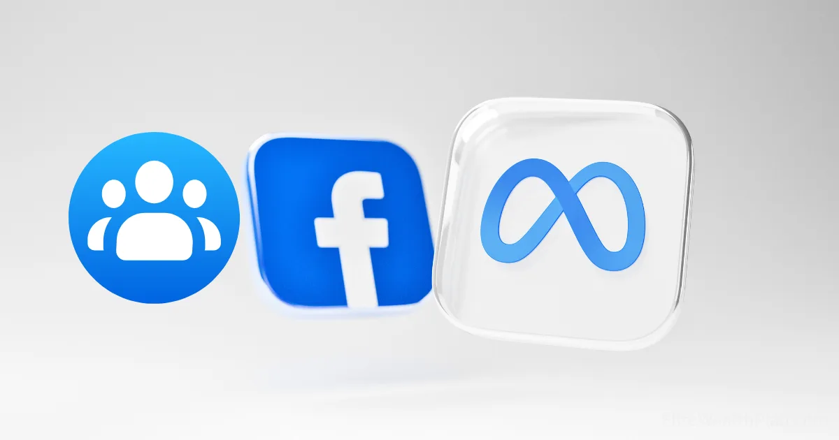 Three floating icons on a white background: a blue group icon representing Facebook group monetization, a blue Facebook f logo, and a white square with the blue Meta logo.