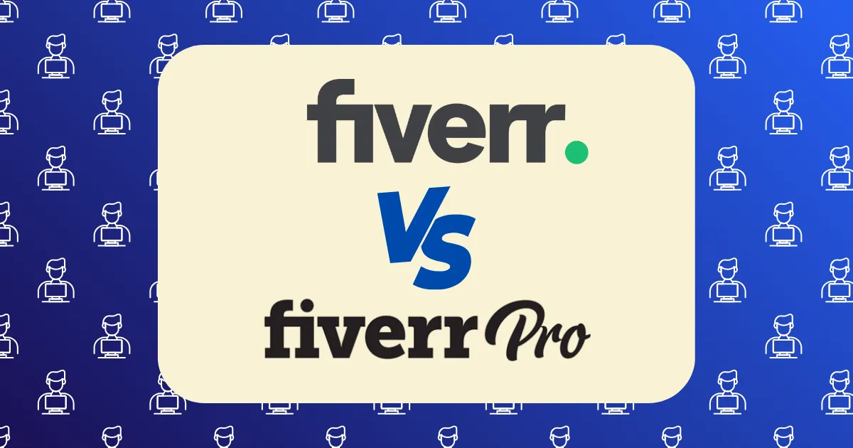 The image displays Fiverr Pro vs Regular in the center, set against a patterned blue background with white icons of people working on laptops.