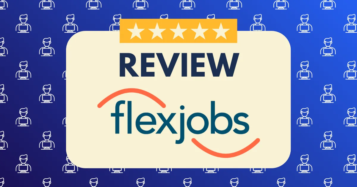 A graphic featuring "REVIEW" above the FlexJobs logo and a five-star banner, set against a backdrop of repeated white icons of people working on laptops—perfect for illustrating a FlexJobs review.