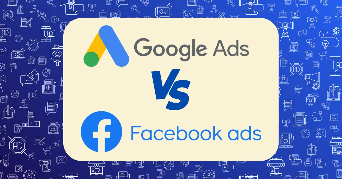 A graphic illustrating Google Ads vs Facebook Ads, featuring their logos and names divided by a bold VS on a cream rectangle, set against a blue background decorated with digital marketing line icons.