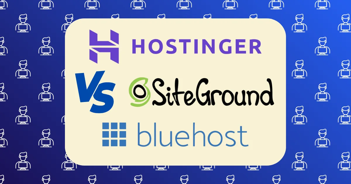 A comparison graphic featuring the logos of Hostinger vs Bluehost vs SiteGround on a light background with a blue pattern of computer icons. The word “vs” appears between Hostinger and SiteGround.
