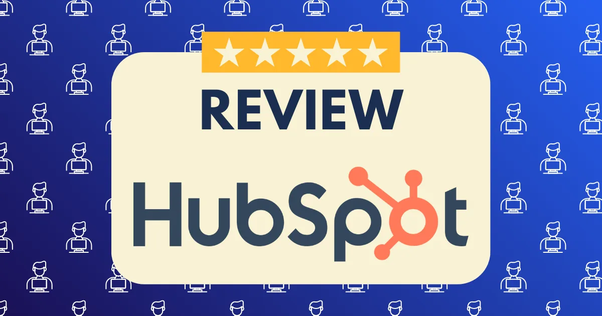 A graphic with the HubSpot logo and the words "HubSpot Affiliate Program Review" in bold under five yellow stars. The background is blue with white icons of people in suits.