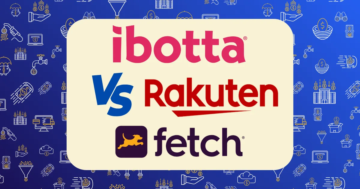 A graphic comparing Ibotta vs Rakuten vs Fetch features their logos on a cream-colored rectangle, set against a blue background with various shopping and money-related icons.