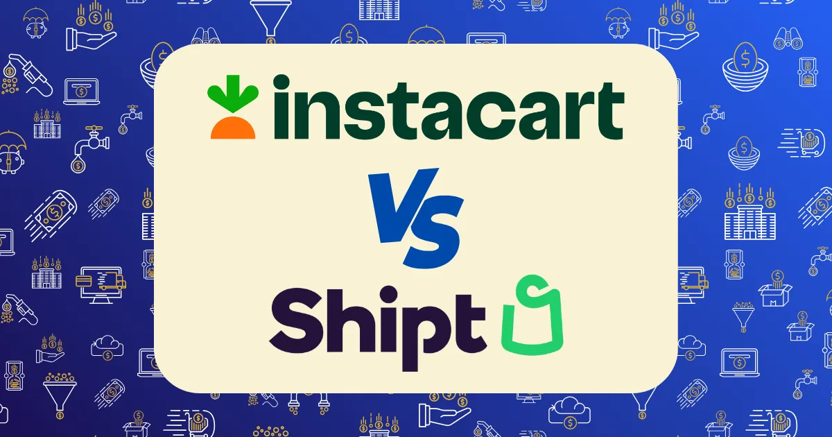 A graphic comparing Instacart vs Shipt, with the Instacart logo above "VS" and the Shipt logo below, set on a beige rectangle over a blue background filled with assorted line art icons.