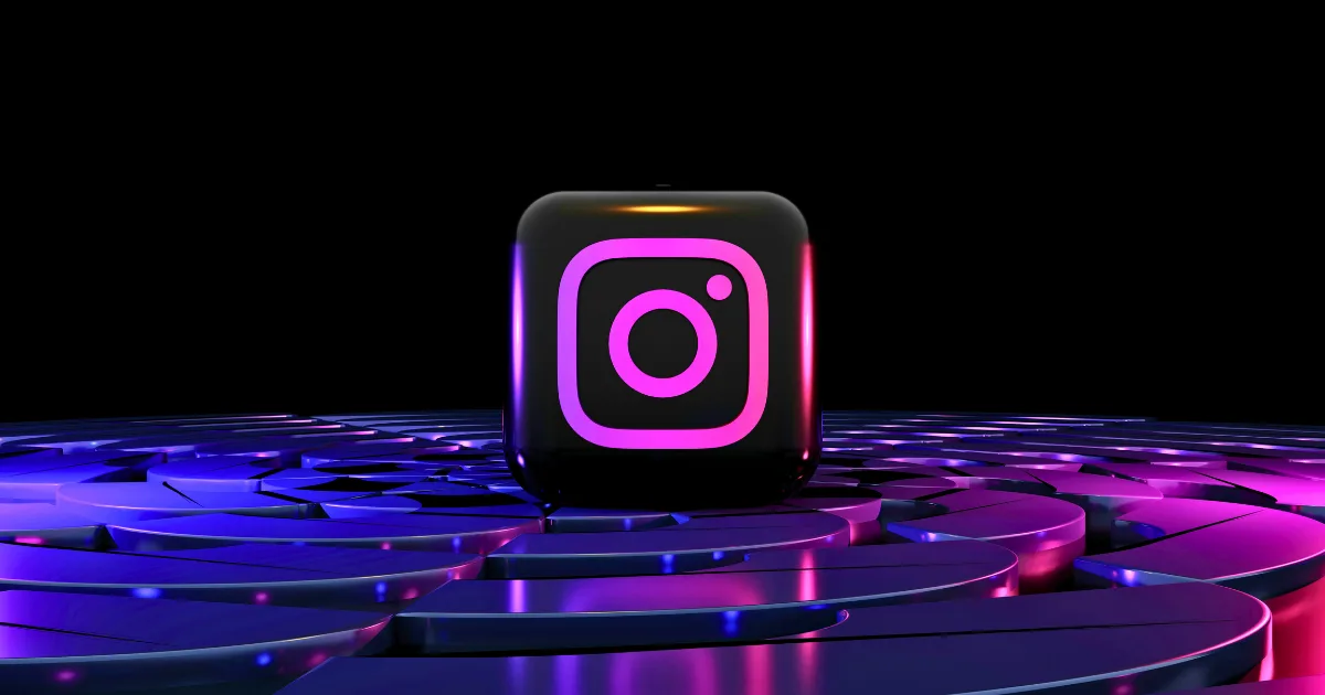 A glowing black cube with a neon pink Instagram monetization logo sits on a reflective surface with swirling blue and purple lights, set against a black background.