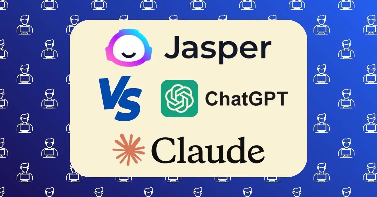 Three AI chatbot logos—Jasper, ChatGPT, and Claude—appear on a cream background with VS between Jasper vs ChatGPT vs Claude. The background features a blue pattern of computer and person icons.