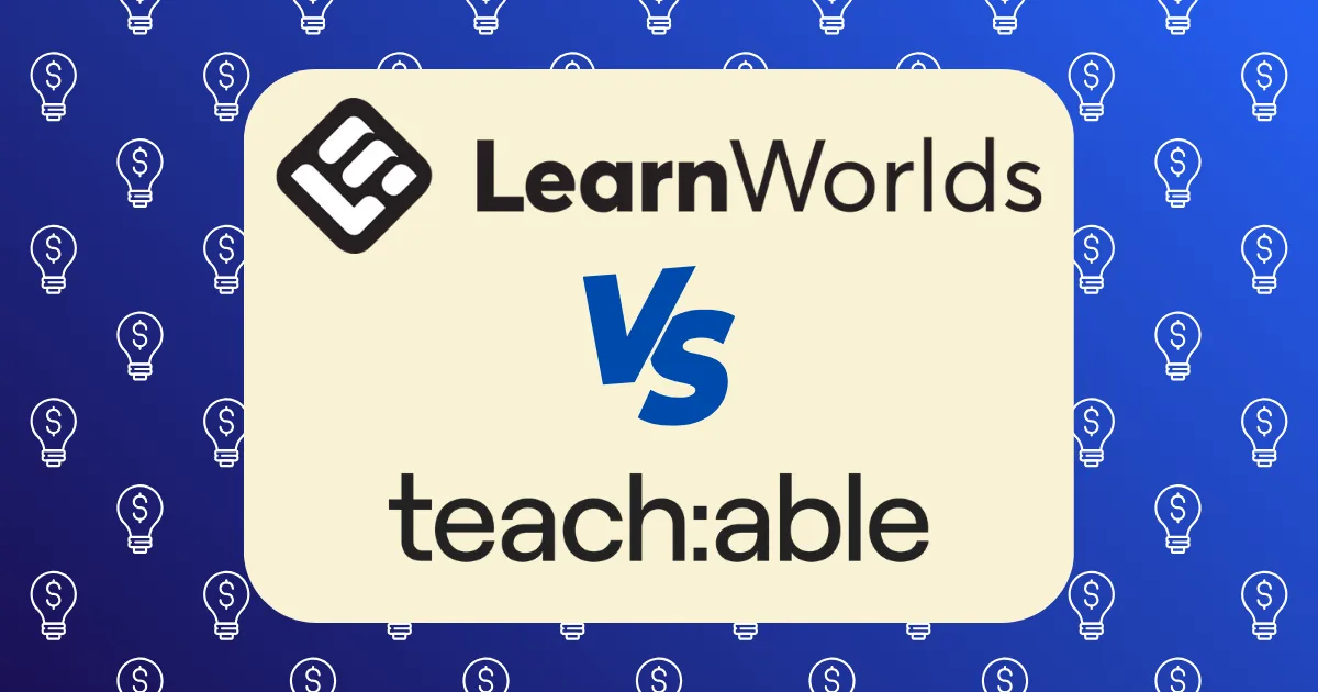 A graphic featuring the LearnWorlds vs Teachable logos and names, with "VS" in the center, set against a blue background decorated with light bulb icons.