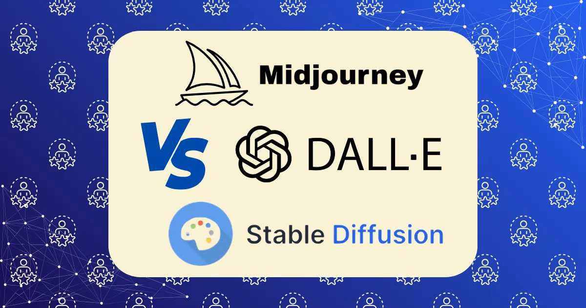 A graphic titled "Midjourney vs DALL-E vs Stable Diffusion" compares these AI art generators’ features, displaying their logos with VS in bold on a light background and a blue network pattern border.