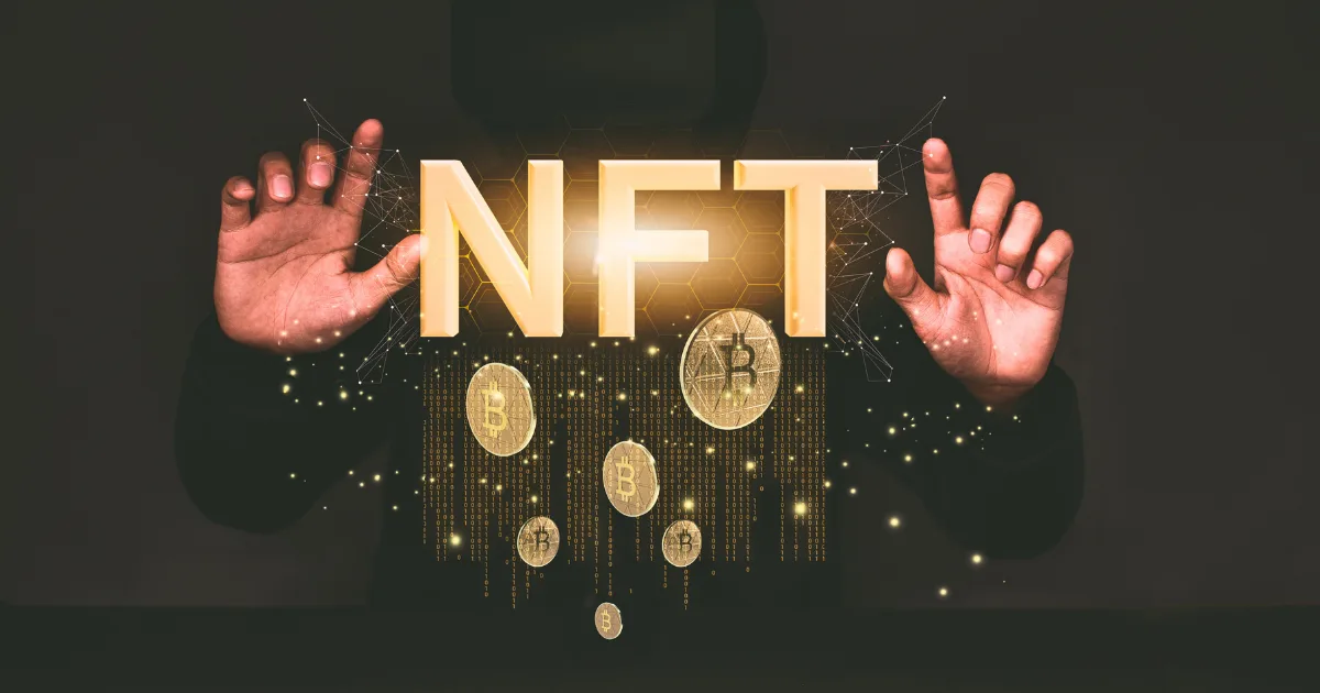 A person in dark clothing holds their hands near large glowing NFT letters, with floating golden Bitcoin symbols and digital light effects highlighting innovative NFT business models.