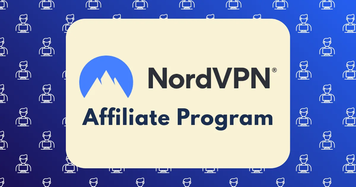 A graphic featuring the NordVPN logo, text reading NordVPN affiliate program, and a blue background patterned with white icons of people using laptops.