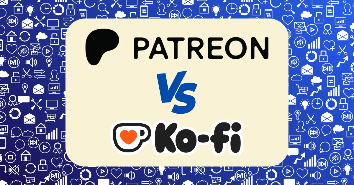 A graphic featuring Patreon vs Ko-fi logos separated by "VS" at the center, set against a background filled with blue icons symbolizing social media, technology, and communication.