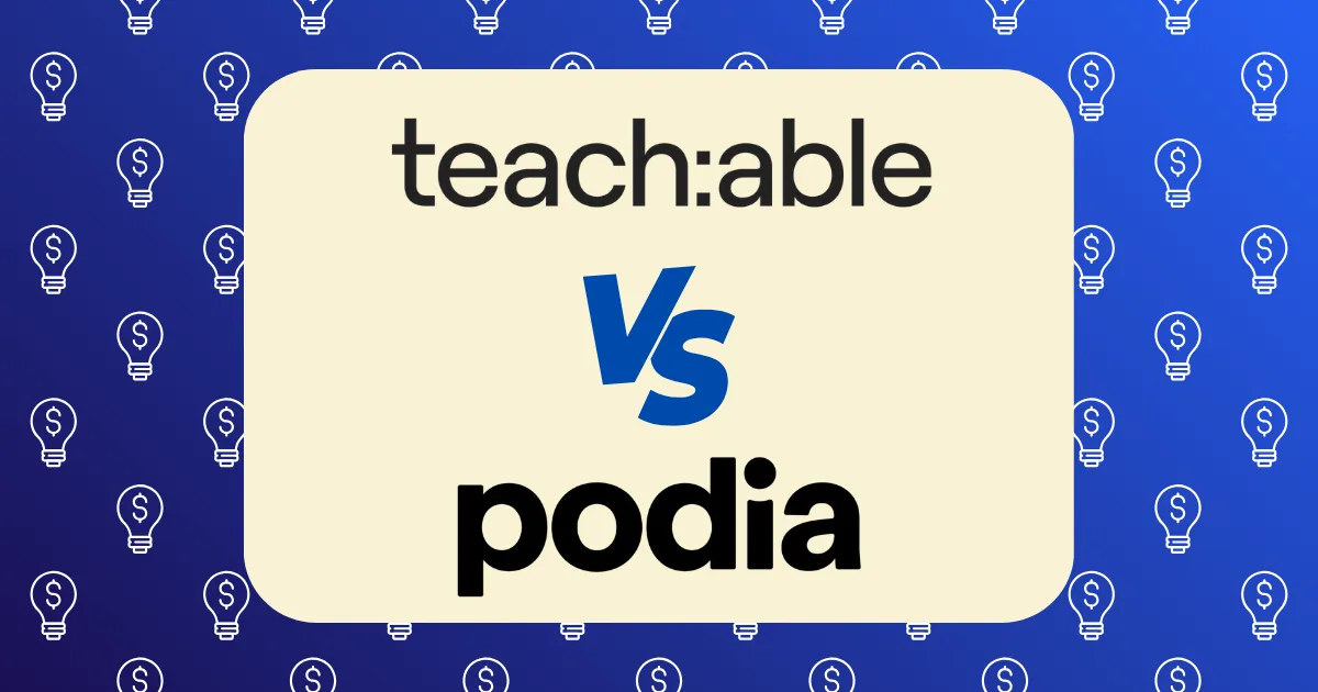 A graphic featuring Podia vs Teachable, with "teachable" at the top, "vs" in the center, and "podia" at the bottom on a cream background. The blue backdrop showcases a repeating lightbulb pattern for added creativity.