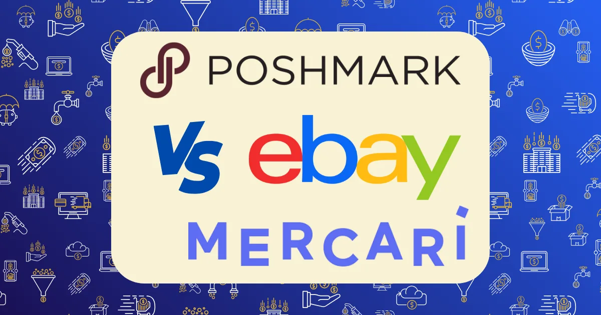 A graphic featuring "Poshmark vs Mercari vs eBay" logos with VS between them, set on a beige rectangle over a blue background with faint shopping-themed icons, suggesting a comparison.