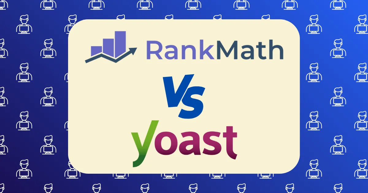 A graphic showing the Rank Math vs Yoast SEO logos with "Vs" between them, highlighting a comparison. The blue background features a pattern of white icons resembling people at computers.
