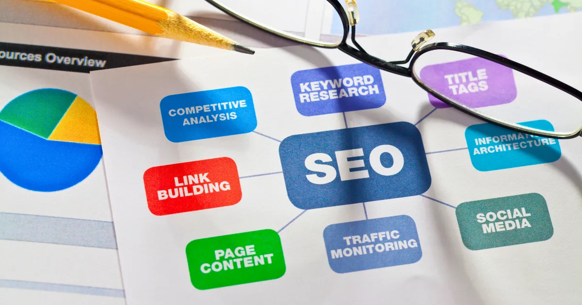 A paper with “SEO” in the center, surrounded by related terms like keyword research, SEO audit, title tags, social media, traffic monitoring, page content, and link building. Glasses and a pencil lie nearby.