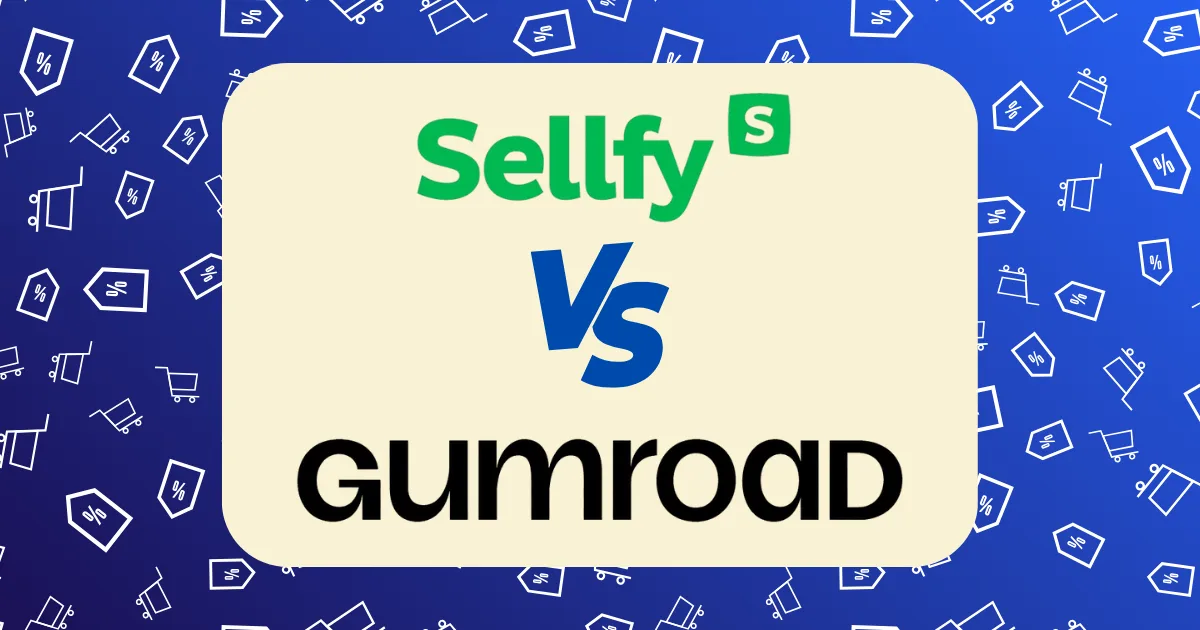 A graphic featuring Sellfy vs Gumroad in bold text on a beige rectangle, set against a blue background with small white icons of discount tags, shopping carts, and laptops.