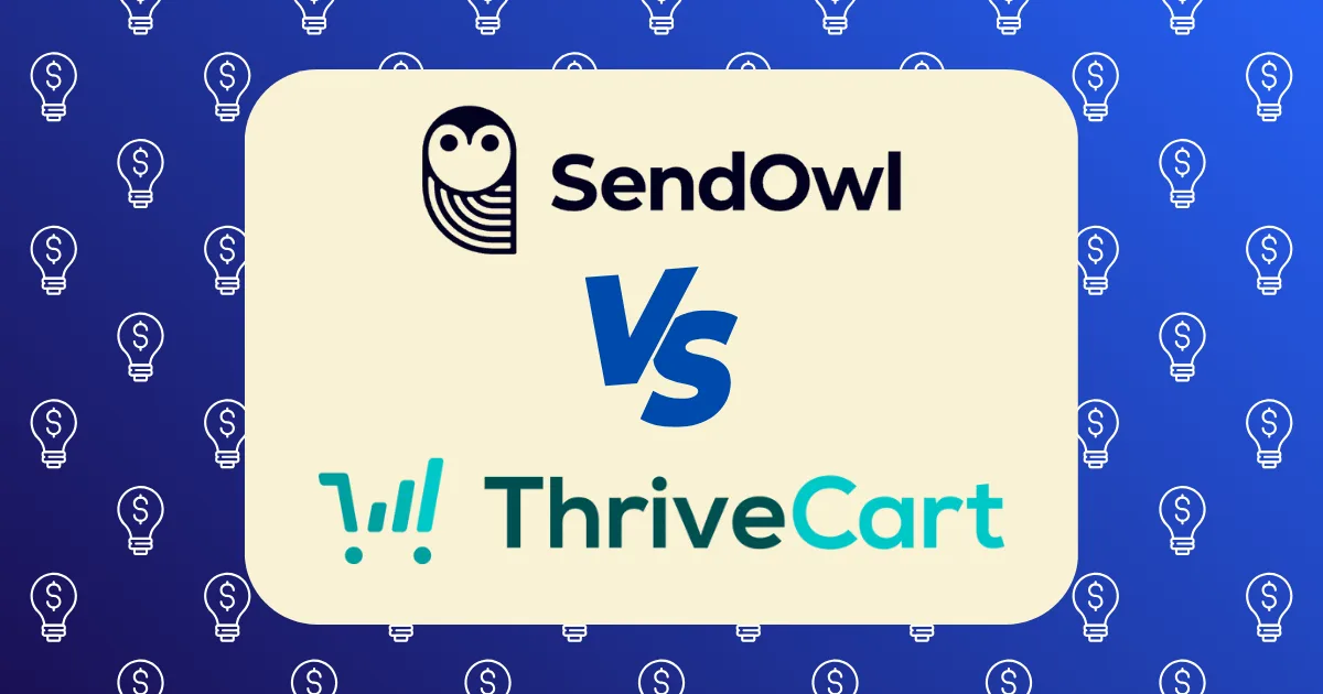 A graphic comparing SendOwl vs ThriveCart, featuring their logos and names separated by “VS” on a blue background adorned with light bulb icons.