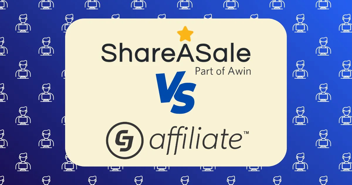 A graphic comparing ShareASale vs CJ Affiliate, featuring their logos and the word vs between them, on a blue background with repeating icons of a person at a computer.