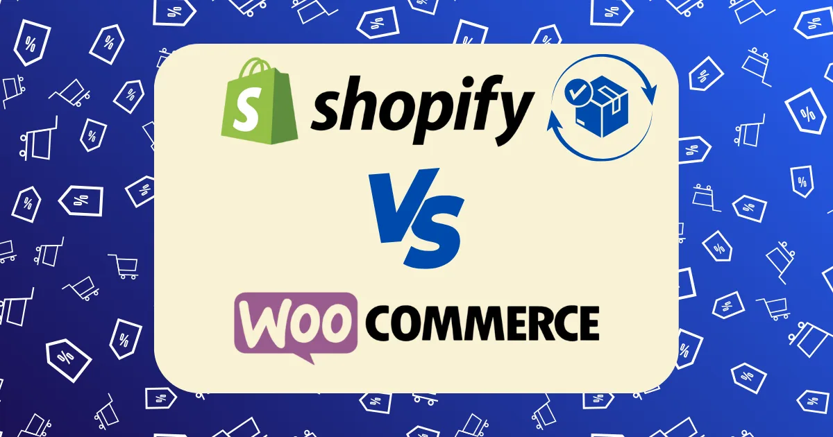 A graphic showing the Shopify and WooCommerce logos with VS between them, symbolizing a Shopify vs WooCommerce for dropshipping comparison, on a cream background with a blue pattern of shopping icons.