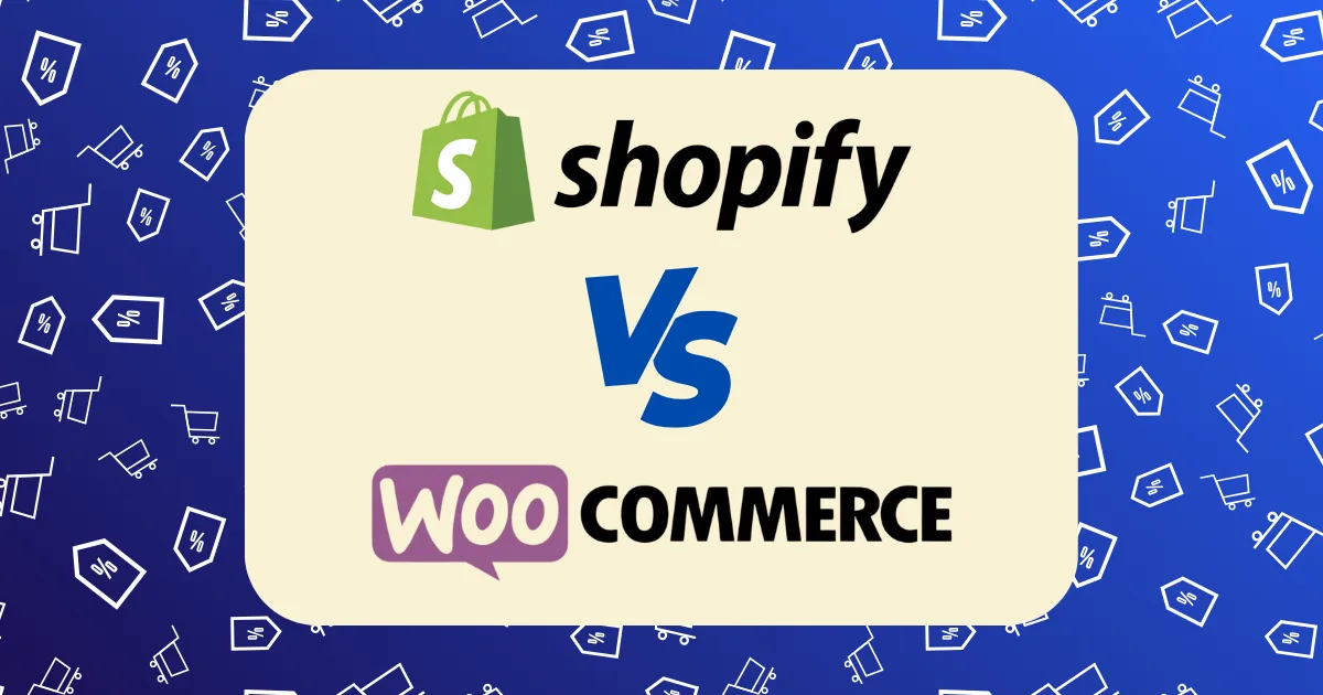 Graphic comparing Shopify vs WooCommerce with their logos, set against a blue background featuring shopping and discount icons.