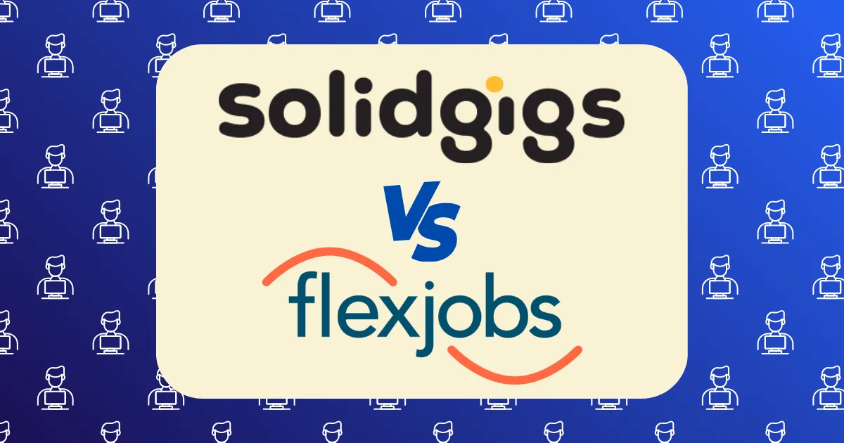 A graphic highlighting SolidGigs vs FlexJobs, featuring both logos on a cream background split by a blue "vs." Small white icons of people working on computers accent a blue gradient in the background.