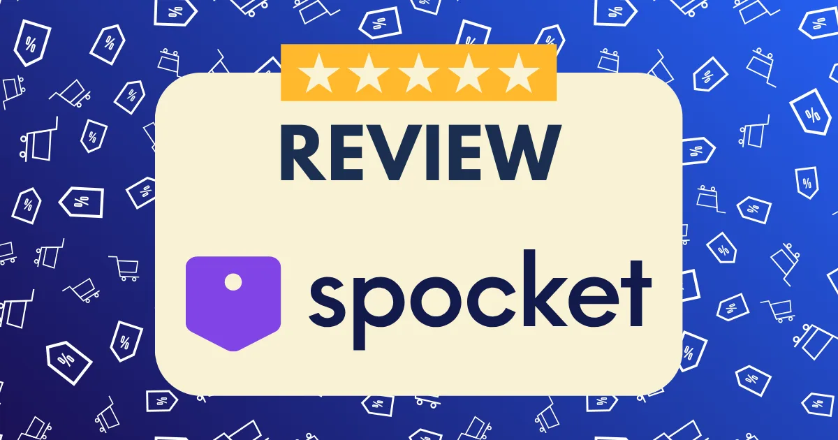 A graphic with a blue background featuring shopping icons, a five-star rating, and the words Spocket review alongside the Spocket logo, highlighting an in-depth review of the Spocket platform.