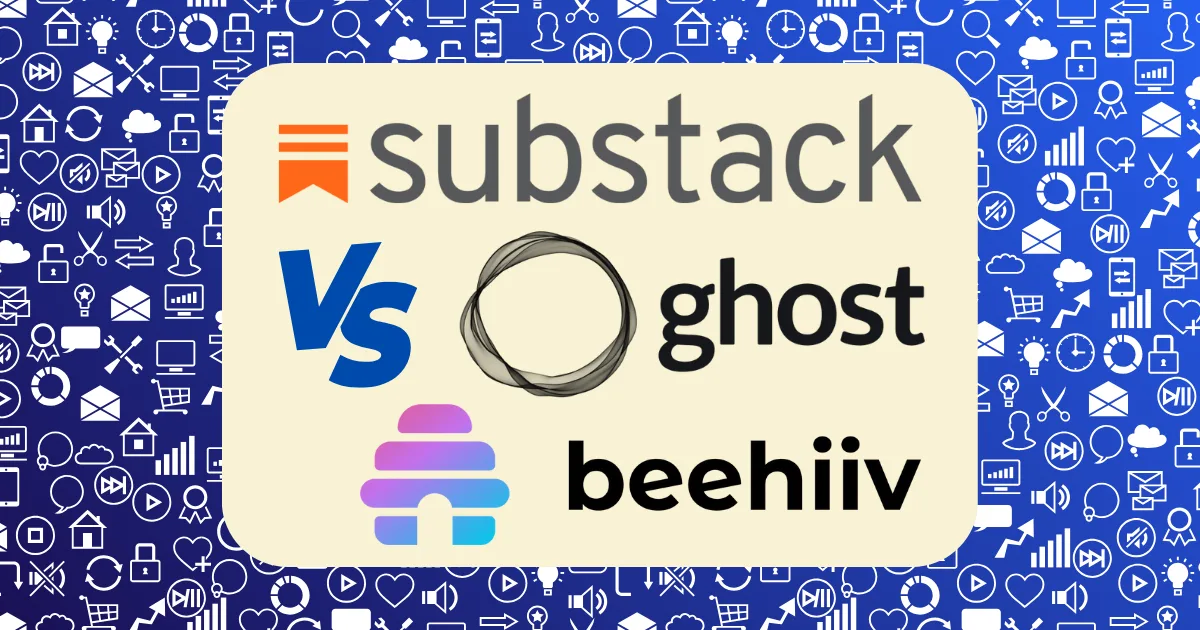 Logos of Substack, Ghost, and Beehiiv are displayed with "Vs" between them, highlighting the Substack vs Ghost vs Beehiiv comparison. The background features blue icons related to technology, communication, and media.