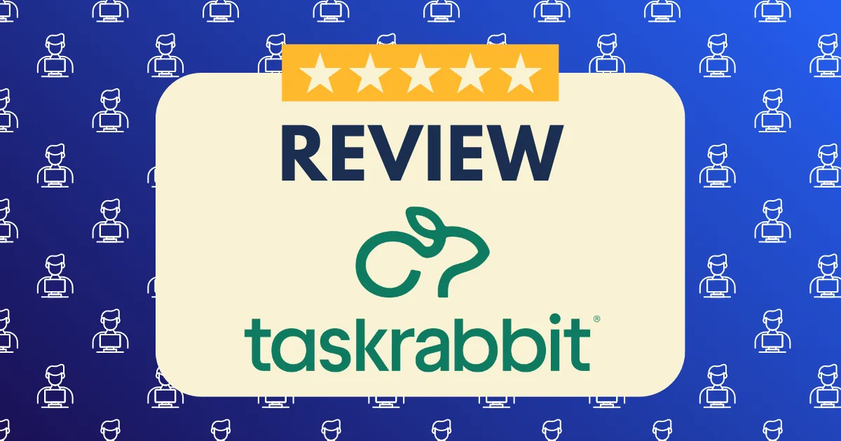 A graphic showing five stars above the word REVIEW and the Taskrabbit logo, all on a cream rectangle against a blue background with repeated white icon patterns, highlighting insights from a TaskRabbit income report.