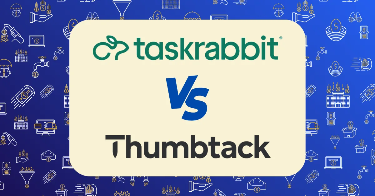 A graphic with TaskRabbit vs Thumbtack logos separated by a large VS on a cream background, set against a blue backdrop with light icon illustrations related to services and tasks.