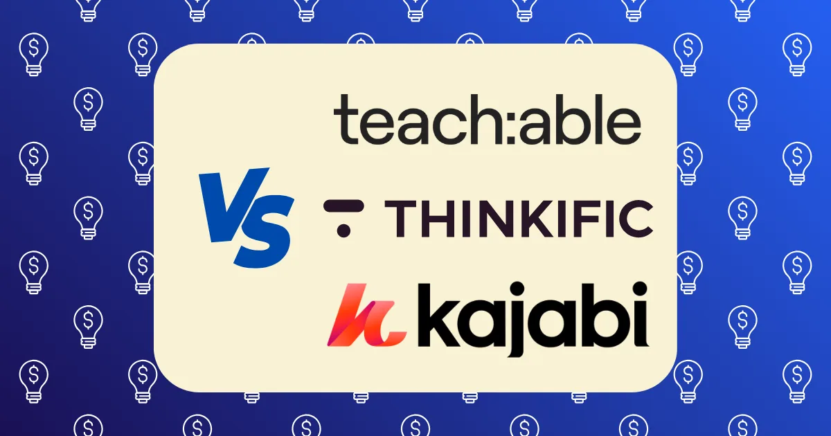 A graphic illustrating Teachable vs Thinkific vs Kajabi logos, set against a light background and a blue backdrop with white lightbulb icons.