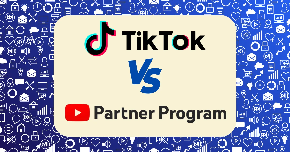 A graphic comparing TikTok Creator Fund vs YouTube Partner Program logos with “VS” in between, set against a rounded rectangle on a blue background filled with various social media and internet icons.