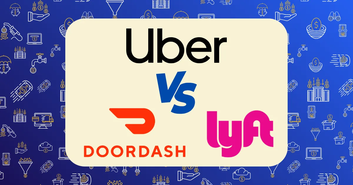 A graphic showcasing Uber vs Lyft vs DoorDash, with the Uber logo above VS and the DoorDash and Lyft logos below, all set on a cream background and framed by a blue backdrop filled with transport and delivery icons.