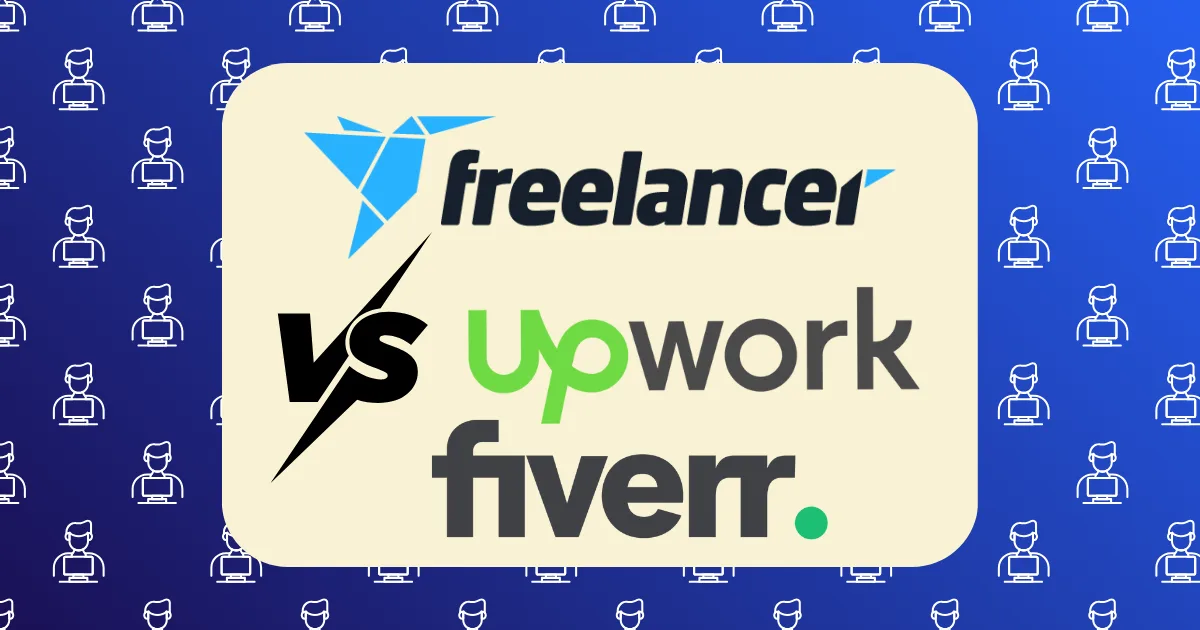 Logos of Upwork, Fiverr, and Freelancer with "vs" between them illustrate the Upwork vs Fiverr vs Freelancer comparison. The background features a repeating pattern of laptop icons, emphasizing popular freelancing platforms.